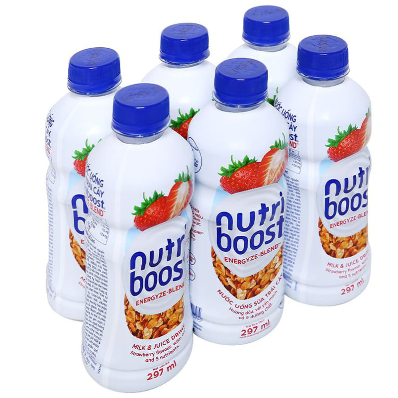 6 chai sữa trái cây Nutriboost hương dâu 297ml lốc sữa trái cây thơm ngon bổ dưỡng