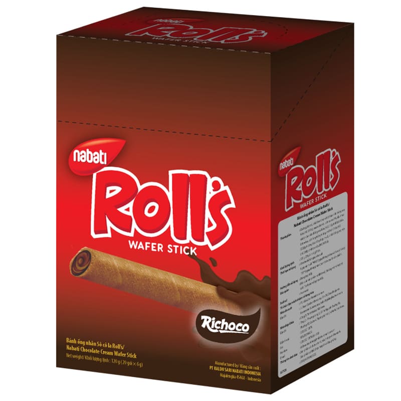 Bánh quế nhân socola Nabati Roll’s Wafer Stick hộp 120g ăn vặt giòn thơm béo ngậy