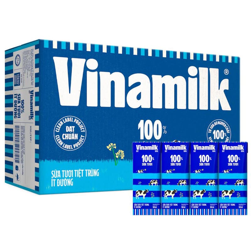 Thùng 48 Hộp Sữa Tươi Tiệt Trùng Ít Đường Vinamilk 100% Sữa Tươi 180ml Chính Hãng